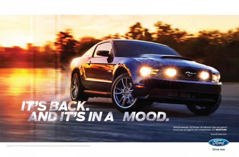 Ford Mustang vintage auto ad; It's back. And it's in a mood